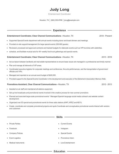 Entertainment Coordinator Resume