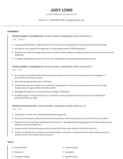 Entertainment Coordinator Resume