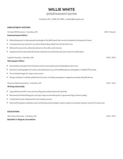 Entertainment Editor Resume