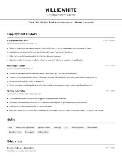 Entertainment Editor Resume
