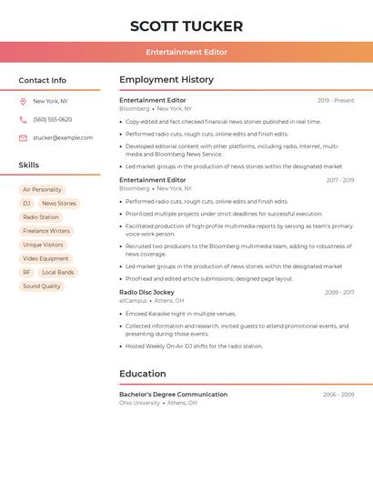 Entertainment Editor Resume