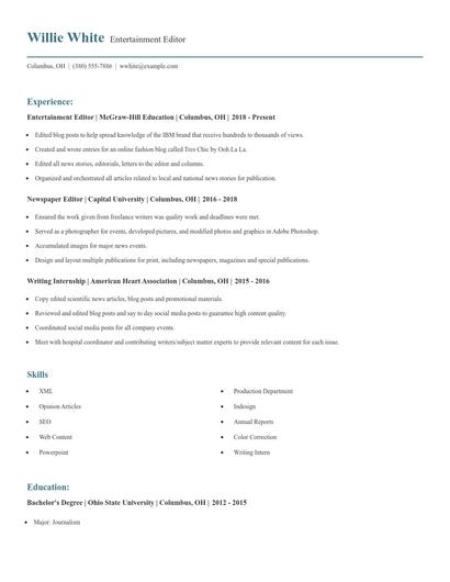 Entertainment Editor Resume