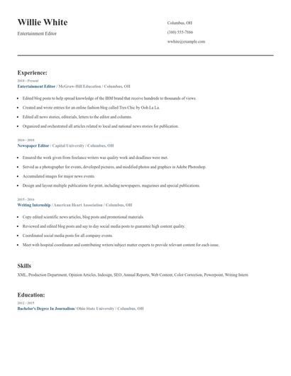 Entertainment Editor Resume