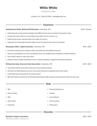 Entertainment Editor Resume