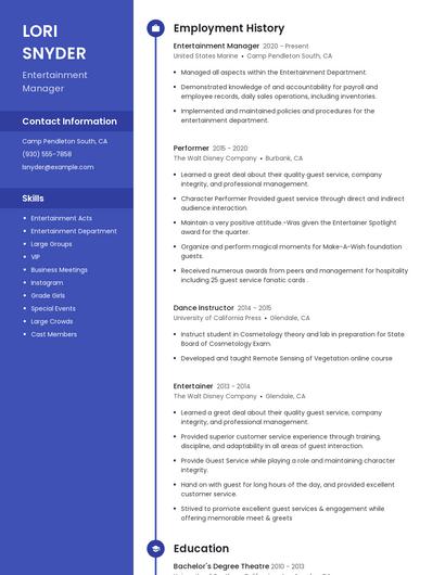 Entertainment Manager Resume