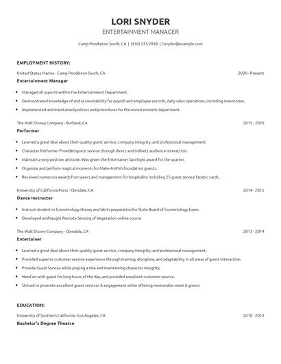 Entertainment Manager Resume