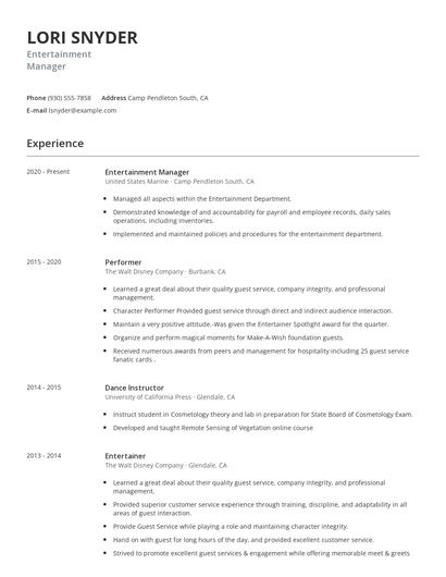 Entertainment Manager Resume