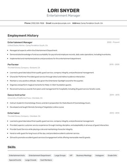 Entertainment Manager Resume