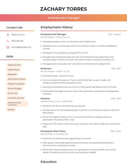 Entertainment Manager Resume