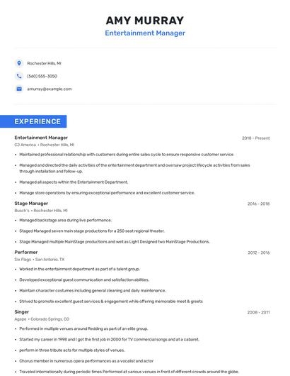 Entertainment Manager Resume