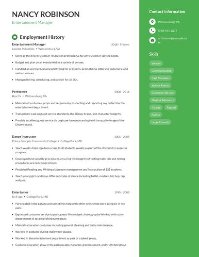 Entertainment Manager Resume