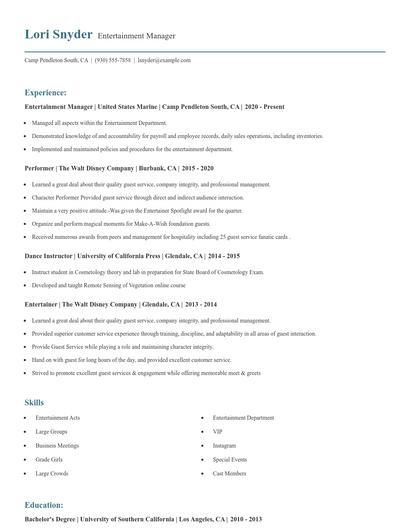 Entertainment Manager Resume