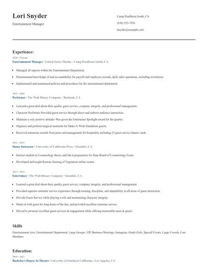 Entertainment Manager Resume