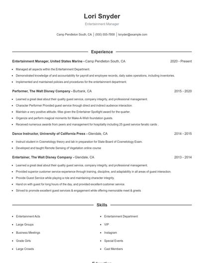 Entertainment Manager Resume