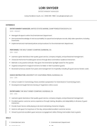 Entertainment Manager Resume