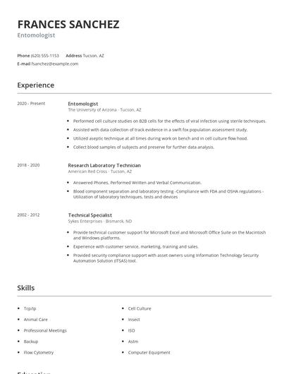 Entomologist Resume
