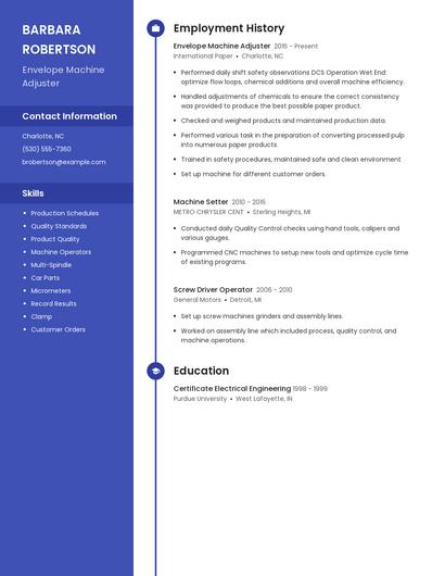 Envelope Machine Adjuster Resume