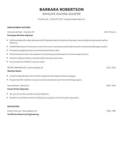Envelope Machine Adjuster Resume