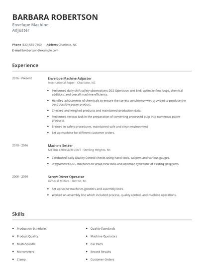 Envelope Machine Adjuster Resume