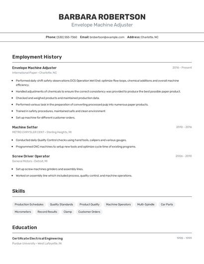 Envelope Machine Adjuster Resume