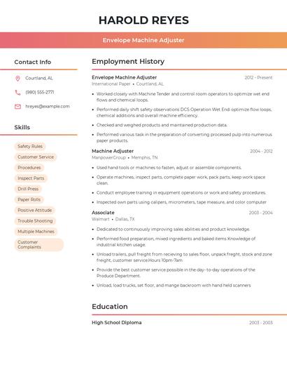 Envelope Machine Adjuster Resume