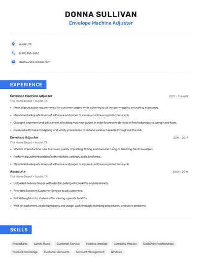Envelope Machine Adjuster Resume