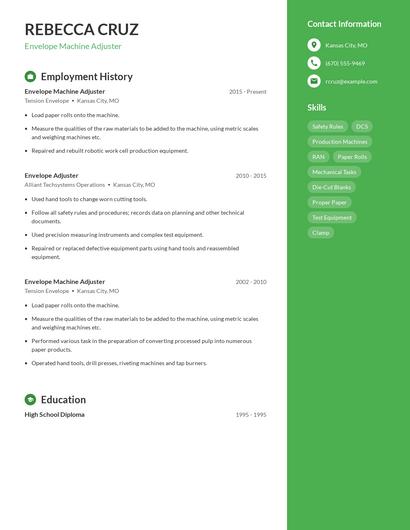Envelope Machine Adjuster Resume
