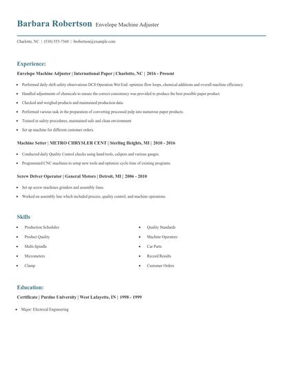 Envelope Machine Adjuster Resume