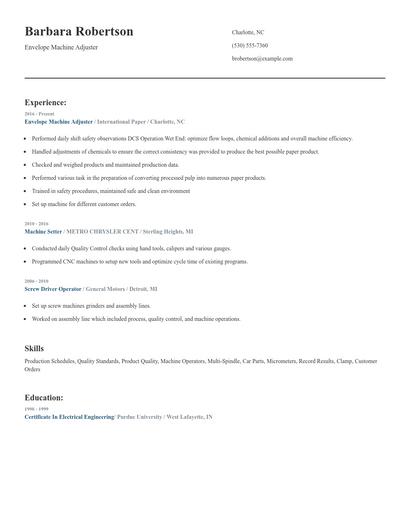 Envelope Machine Adjuster Resume
