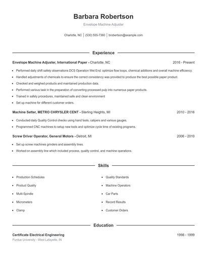 Envelope Machine Adjuster Resume