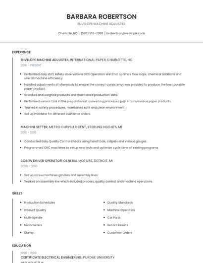 Envelope Machine Adjuster Resume