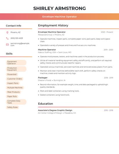 Envelope Machine Operator Resume