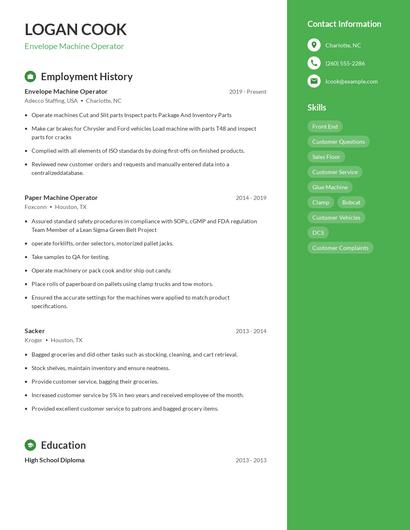 Envelope Machine Operator Resume