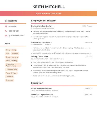 Environment Coordinator Resume