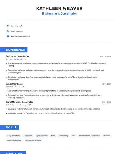 Environment Coordinator Resume