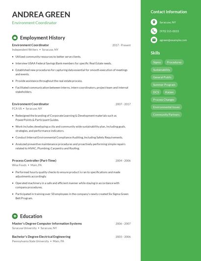 Environment Coordinator Resume