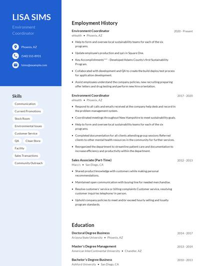 Environment Coordinator Resume