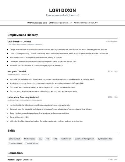 Environmental Chemist Resume
