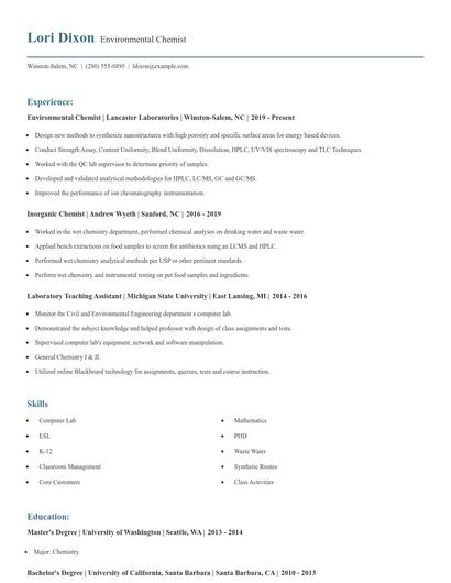 Environmental Chemist Resume