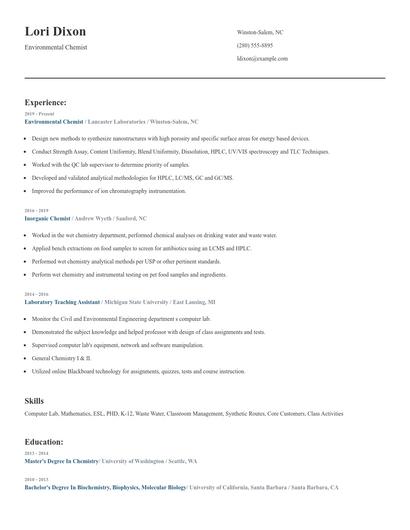 Environmental Chemist Resume