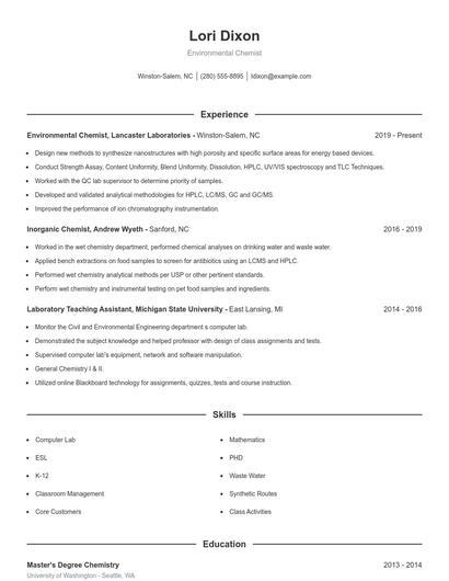 Environmental Chemist Resume