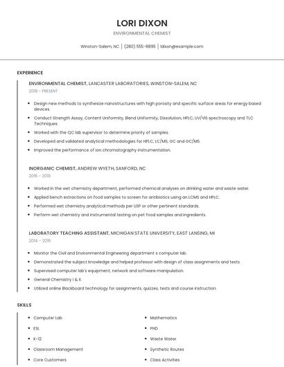Environmental Chemist Resume