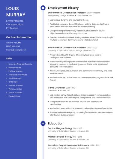 Environmental Conservation Professor Resume