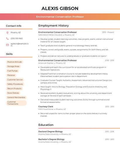 Environmental Conservation Professor Resume