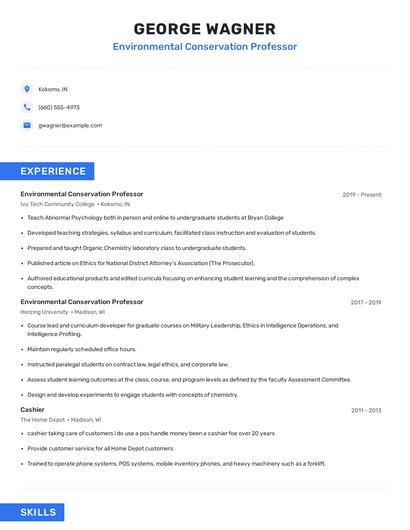 Environmental Conservation Professor Resume