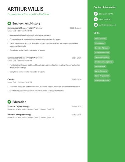 Environmental Conservation Professor Resume