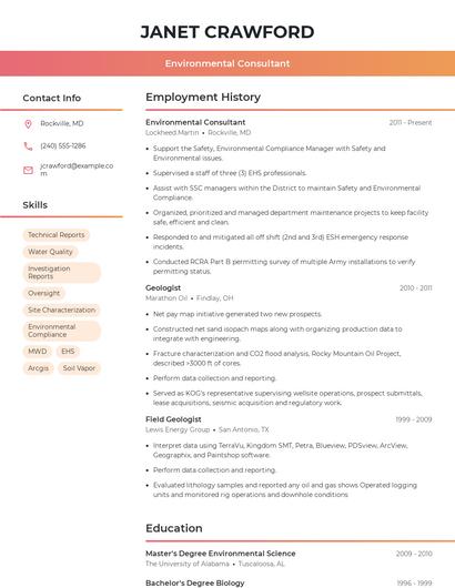 Environmental Consultant Resume