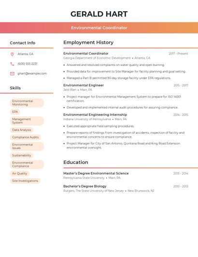 Environmental Coordinator Resume