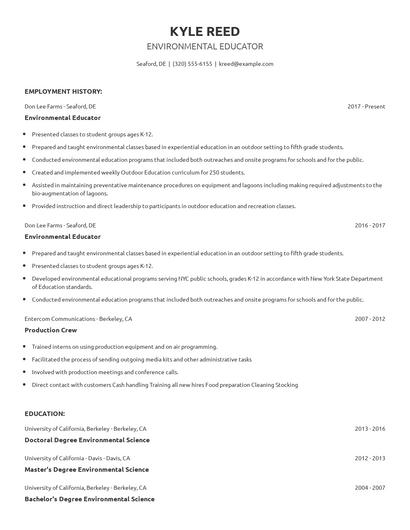 Environmental Educator Resume
