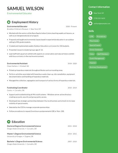Environmental Educator Resume